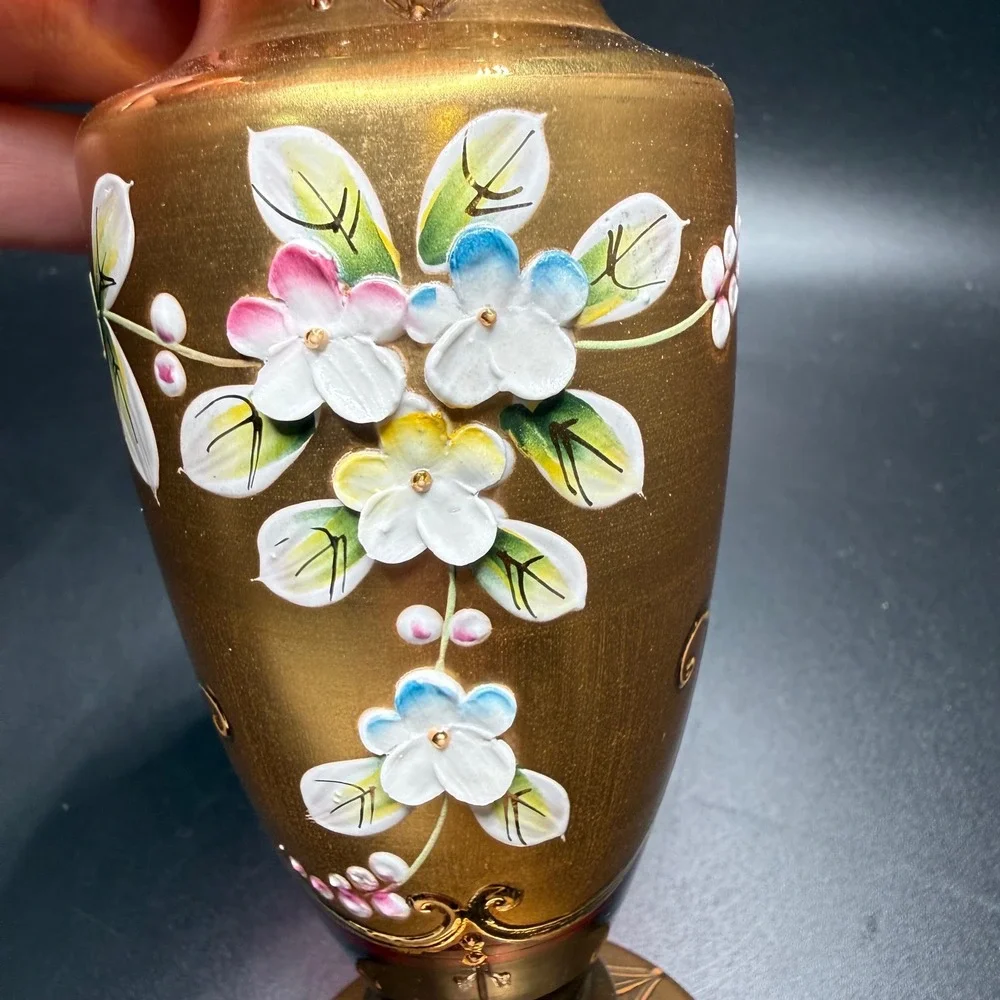 Bohemia Crystal Ruby Red‎ Glass Vase Gold Hand Painted Floral 6.75in Czech